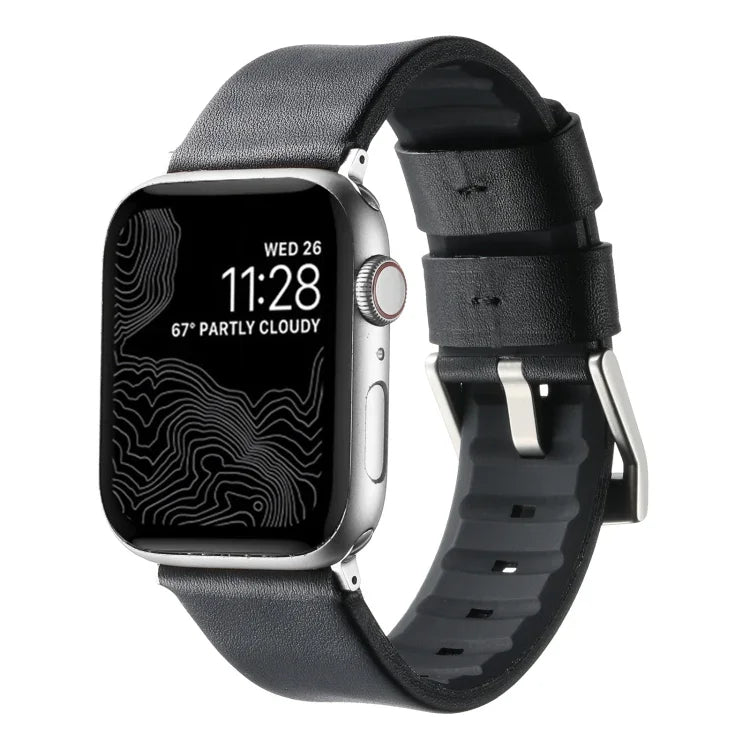 Genuine Leather Hybrid Silicone Watch Band, For Apple Watch Series 10 46mm, For Apple Watch Series 10 42mm, For Apple Watch SE 2023 44mm, For Apple Watch SE 2023 40mm, For Apple Watch Ultra 2 49mm, For Apple Watch Series 9 45mm                         ...