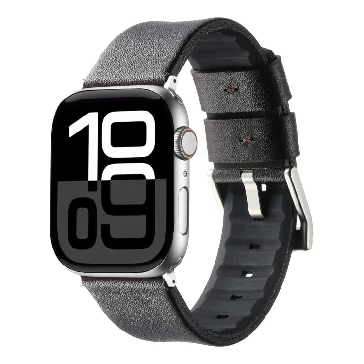 Genuine Leather Hybrid Silicone Watch Band, For Apple Watch Series 10 46mm, For Apple Watch Series 10 42mm, For Apple Watch SE 2023 44mm, For Apple Watch SE 2023 40mm, For Apple Watch Ultra 2 49mm, For Apple Watch Series 9 45mm                         ...
