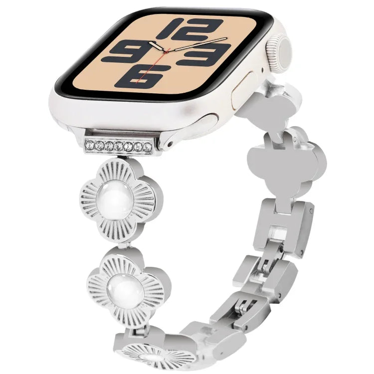 สายรัดนาฬิกาโลหะแบบปลดเร็วลายใบโคลเวอร์สี่แฉก สำหรับ Apple Watch SE 2023 44mm, สำหรับ Apple Watch SE 2023 40mm, สำหรับ Apple Watch Ultra 2 49mm, สำหรับ Apple Watch Series 9 45mm, สำหรับ Apple Watch Series 9 41mm, สำหรับ Apple Watch Ultra 49mm