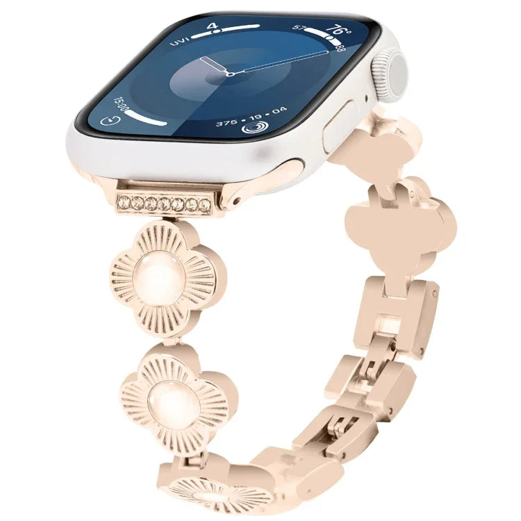 สายรัดนาฬิกาโลหะแบบปลดเร็วลายใบโคลเวอร์สี่แฉก สำหรับ Apple Watch SE 2023 44mm, สำหรับ Apple Watch SE 2023 40mm, สำหรับ Apple Watch Ultra 2 49mm, สำหรับ Apple Watch Series 9 45mm, สำหรับ Apple Watch Series 9 41mm, สำหรับ Apple Watch Ultra 49mm