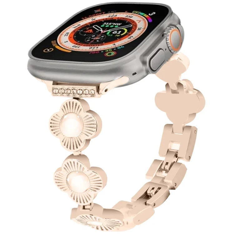 สายรัดนาฬิกาโลหะแบบปลดเร็วลายใบโคลเวอร์สี่แฉก สำหรับ Apple Watch SE 2023 44mm, สำหรับ Apple Watch SE 2023 40mm, สำหรับ Apple Watch Ultra 2 49mm, สำหรับ Apple Watch Series 9 45mm, สำหรับ Apple Watch Series 9 41mm, สำหรับ Apple Watch Ultra 49mm