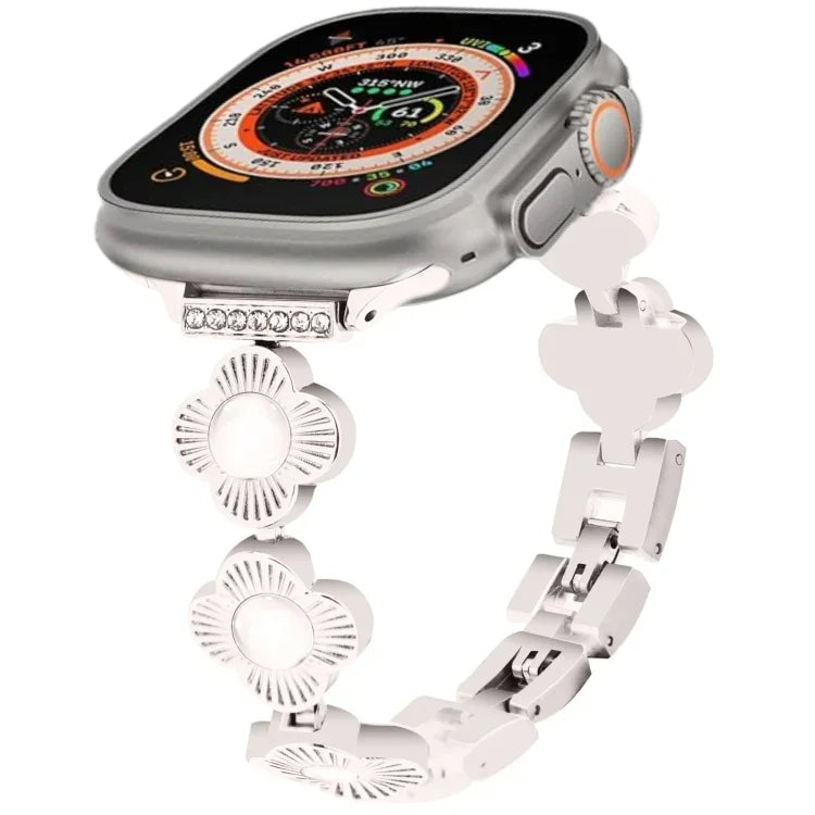 สายรัดนาฬิกาโลหะแบบปลดเร็วลายใบโคลเวอร์สี่แฉก สำหรับ Apple Watch SE 2023 44mm, สำหรับ Apple Watch SE 2023 40mm, สำหรับ Apple Watch Ultra 2 49mm, สำหรับ Apple Watch Series 9 45mm, สำหรับ Apple Watch Series 9 41mm, สำหรับ Apple Watch Ultra 49mm