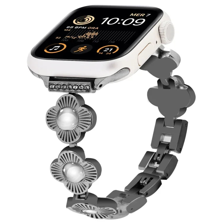 สายรัดนาฬิกาโลหะแบบปลดเร็วลายใบโคลเวอร์สี่แฉก สำหรับ Apple Watch SE 2022 44mm, สำหรับ Apple Watch Series 7 41mm, สำหรับ Apple Watch Series 7 45mm, สำหรับ Apple Watch Series 6 40mm, สำหรับ Apple Watch Series 6 44mm, สำหรับ Apple Watch Series 5 44mm