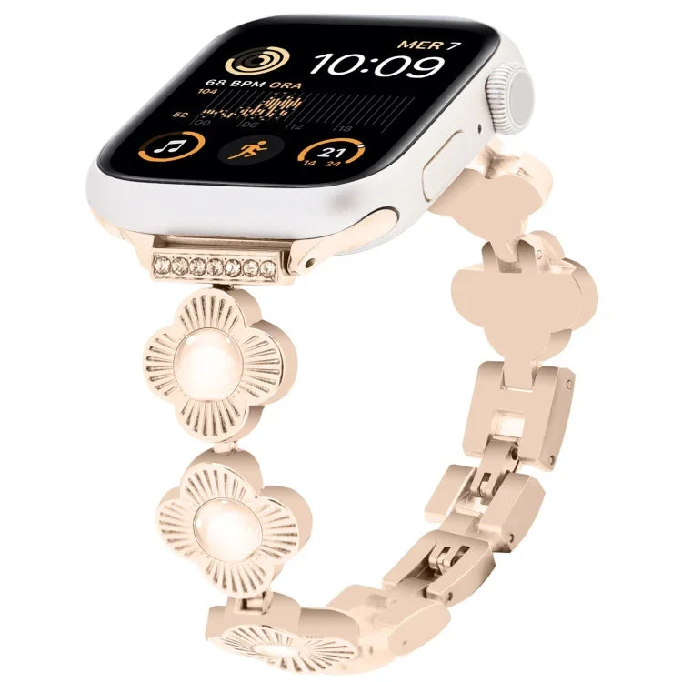 สายรัดนาฬิกาโลหะแบบปลดเร็วลายใบโคลเวอร์สี่แฉก สำหรับ Apple Watch SE 2022 44mm, สำหรับ Apple Watch Series 7 41mm, สำหรับ Apple Watch Series 7 45mm, สำหรับ Apple Watch Series 6 40mm, สำหรับ Apple Watch Series 6 44mm, สำหรับ Apple Watch Series 5 44mm