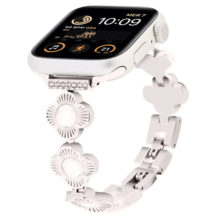 สายรัดนาฬิกาโลหะแบบปลดเร็วลายใบโคลเวอร์สี่แฉก สำหรับ Apple Watch SE 2022 44mm, สำหรับ Apple Watch Series 7 41mm, สำหรับ Apple Watch Series 7 45mm, สำหรับ Apple Watch Series 6 40mm, สำหรับ Apple Watch Series 6 44mm, สำหรับ Apple Watch Series 5 44mm