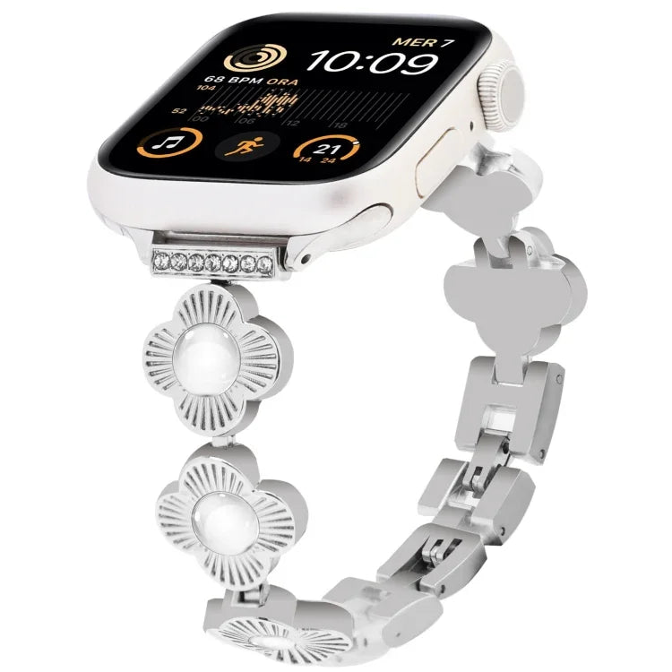 สายรัดนาฬิกาโลหะแบบปลดเร็วลายใบโคลเวอร์สี่แฉก สำหรับ Apple Watch SE 2022 44mm, สำหรับ Apple Watch Series 7 41mm, สำหรับ Apple Watch Series 7 45mm, สำหรับ Apple Watch Series 6 40mm, สำหรับ Apple Watch Series 6 44mm, สำหรับ Apple Watch Series 5 44mm