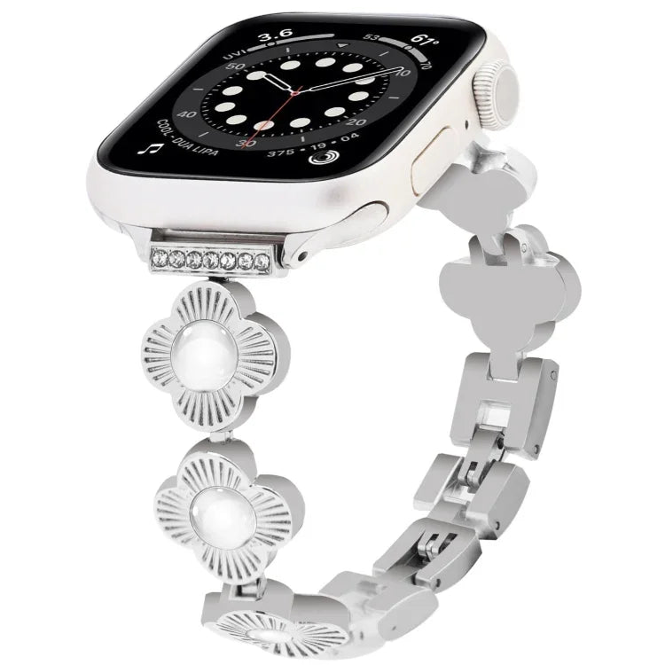 สายรัดนาฬิกาโลหะแบบปลดเร็วลายใบโคลเวอร์สี่แฉก สำหรับ Apple Watch SE 2022 44mm, สำหรับ Apple Watch Series 7 41mm, สำหรับ Apple Watch Series 7 45mm, สำหรับ Apple Watch Series 6 40mm, สำหรับ Apple Watch Series 6 44mm, สำหรับ Apple Watch Series 5 44mm