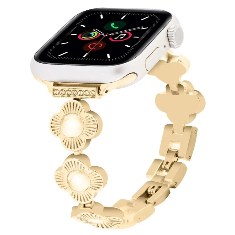 สายรัดนาฬิกาโลหะแบบปลดเร็วลายใบโคลเวอร์สี่แฉก สำหรับ Apple Watch SE 2022 44mm, สำหรับ Apple Watch Series 7 41mm, สำหรับ Apple Watch Series 7 45mm, สำหรับ Apple Watch Series 6 40mm, สำหรับ Apple Watch Series 6 44mm, สำหรับ Apple Watch Series 5 44mm