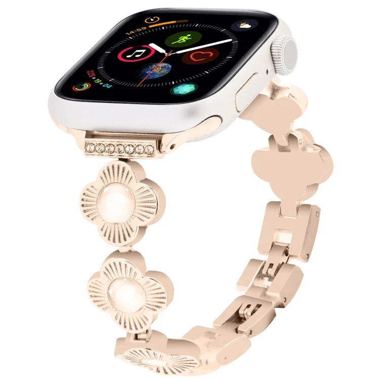 สายรัดนาฬิกาโลหะแบบปลดเร็วลายใบโคลเวอร์สี่แฉก สำหรับ Apple Watch SE 2022 44mm, สำหรับ Apple Watch Series 7 41mm, สำหรับ Apple Watch Series 7 45mm, สำหรับ Apple Watch Series 6 40mm, สำหรับ Apple Watch Series 6 44mm, สำหรับ Apple Watch Series 5 44mm