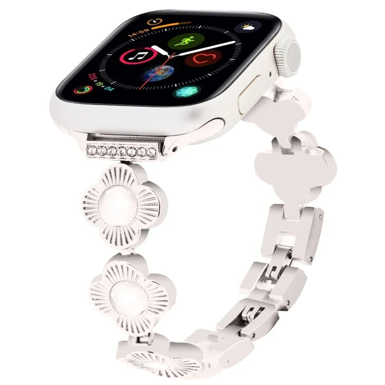 สายรัดนาฬิกาโลหะแบบปลดเร็วลายใบโคลเวอร์สี่แฉก สำหรับ Apple Watch SE 2022 44mm, สำหรับ Apple Watch Series 7 41mm, สำหรับ Apple Watch Series 7 45mm, สำหรับ Apple Watch Series 6 40mm, สำหรับ Apple Watch Series 6 44mm, สำหรับ Apple Watch Series 5 44mm