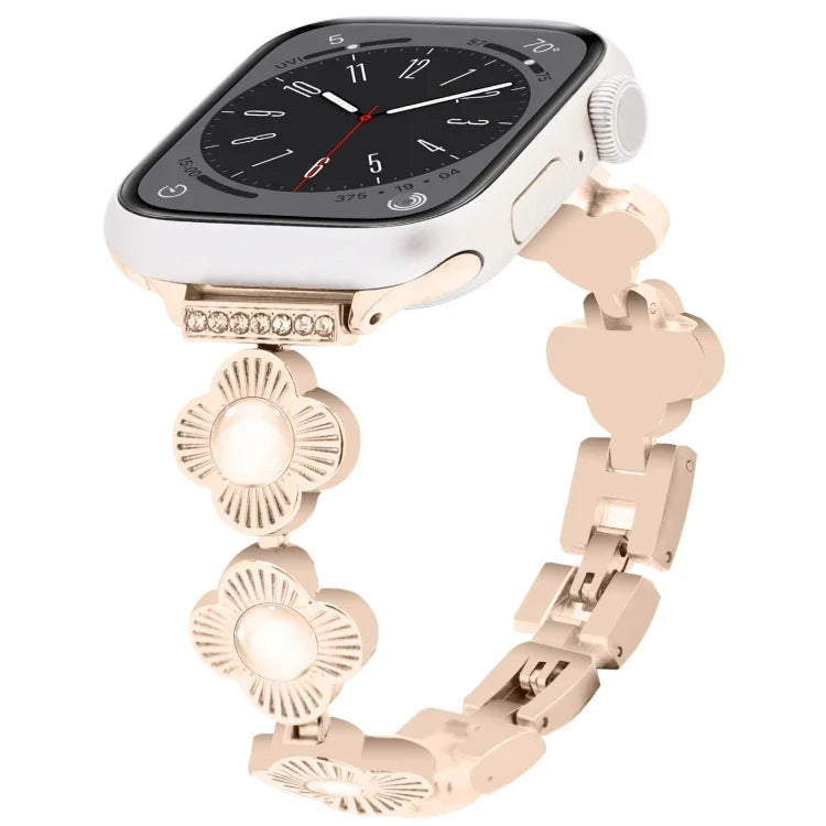 สายรัดนาฬิกาโลหะแบบปลดเร็วลายใบโคลเวอร์สี่แฉก สำหรับ Apple Watch SE 2023 44mm, สำหรับ Apple Watch SE 2023 40mm, สำหรับ Apple Watch Ultra 2 49mm, สำหรับ Apple Watch Series 9 45mm, สำหรับ Apple Watch Series 9 41mm, สำหรับ Apple Watch Ultra 49mm