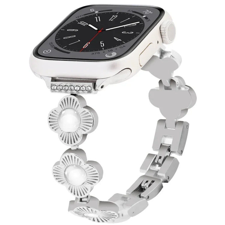 สายรัดนาฬิกาโลหะแบบปลดเร็วลายใบโคลเวอร์สี่แฉก สำหรับ Apple Watch SE 2023 44mm, สำหรับ Apple Watch SE 2023 40mm, สำหรับ Apple Watch Ultra 2 49mm, สำหรับ Apple Watch Series 9 45mm, สำหรับ Apple Watch Series 9 41mm, สำหรับ Apple Watch Ultra 49mm