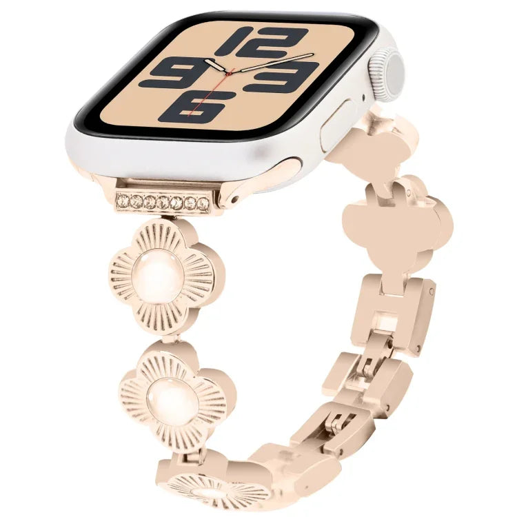 สายรัดนาฬิกาโลหะแบบปลดเร็วลายใบโคลเวอร์สี่แฉก สำหรับ Apple Watch SE 2023 44mm, สำหรับ Apple Watch SE 2023 40mm, สำหรับ Apple Watch Ultra 2 49mm, สำหรับ Apple Watch Series 9 45mm, สำหรับ Apple Watch Series 9 41mm, สำหรับ Apple Watch Ultra 49mm