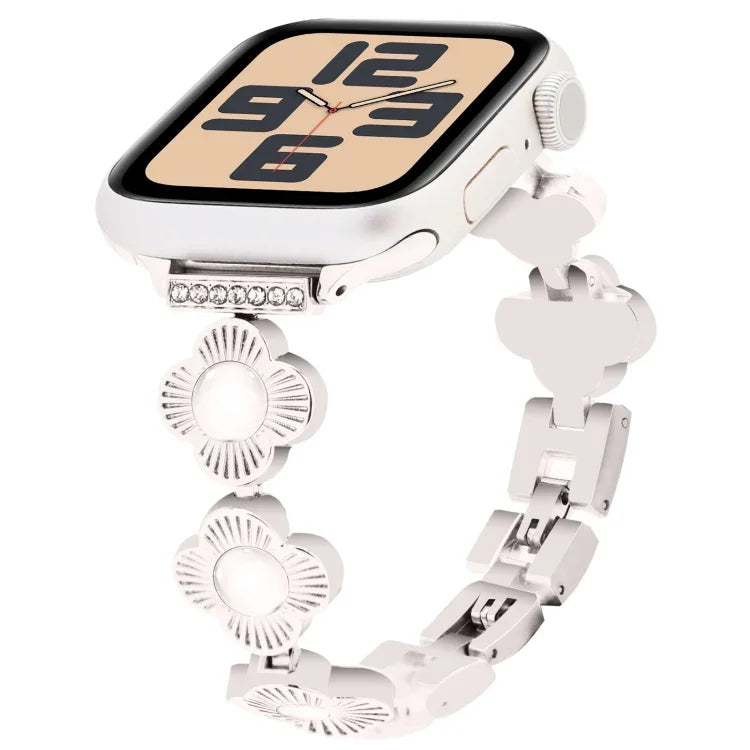 สายรัดนาฬิกาโลหะแบบปลดเร็วลายใบโคลเวอร์สี่แฉก สำหรับ Apple Watch SE 2023 44mm, สำหรับ Apple Watch SE 2023 40mm, สำหรับ Apple Watch Ultra 2 49mm, สำหรับ Apple Watch Series 9 45mm, สำหรับ Apple Watch Series 9 41mm, สำหรับ Apple Watch Ultra 49mm