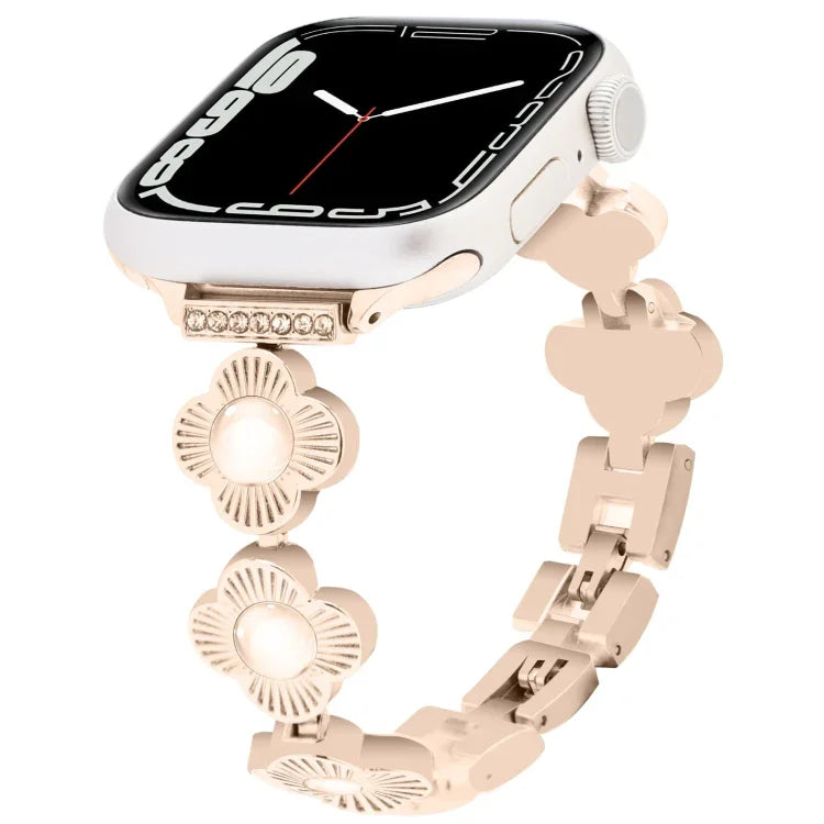 สายรัดนาฬิกาโลหะแบบปลดเร็วลายใบโคลเวอร์สี่แฉก สำหรับ Apple Watch SE 2022 44mm, สำหรับ Apple Watch Series 7 41mm, สำหรับ Apple Watch Series 7 45mm, สำหรับ Apple Watch Series 6 40mm, สำหรับ Apple Watch Series 6 44mm, สำหรับ Apple Watch Series 5 44mm