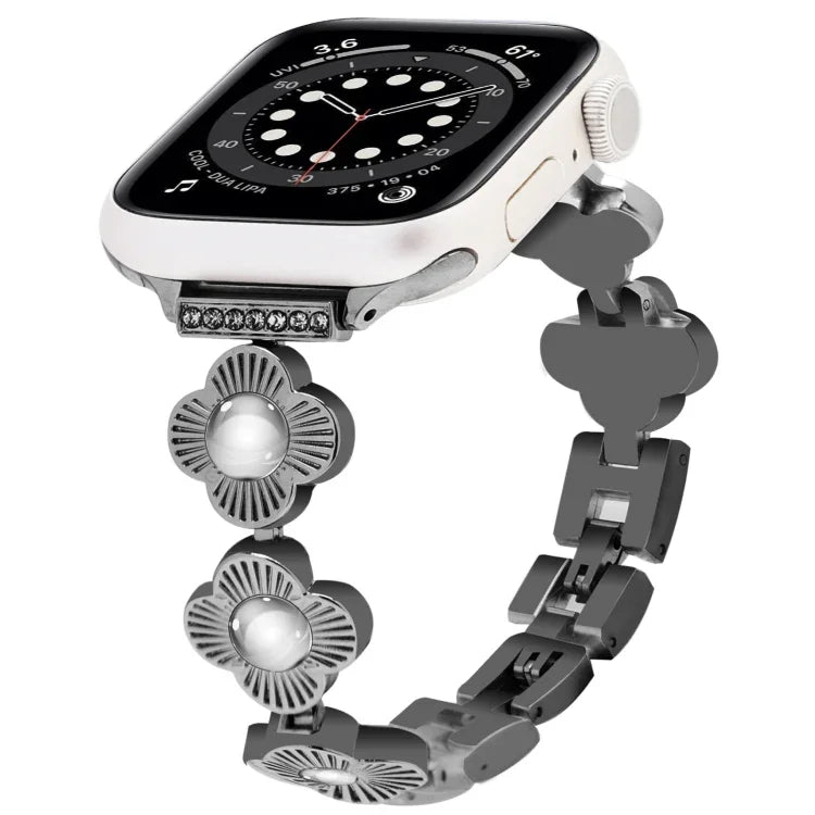 สายรัดนาฬิกาโลหะแบบปลดเร็วลายใบโคลเวอร์สี่แฉก สำหรับ Apple Watch SE 2022 44mm, สำหรับ Apple Watch Series 7 41mm, สำหรับ Apple Watch Series 7 45mm, สำหรับ Apple Watch Series 6 40mm, สำหรับ Apple Watch Series 6 44mm, สำหรับ Apple Watch Series 5 44mm