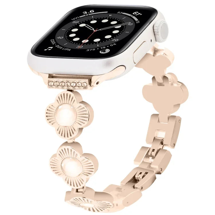 สายรัดนาฬิกาโลหะแบบปลดเร็วลายใบโคลเวอร์สี่แฉก สำหรับ Apple Watch SE 2022 44mm, สำหรับ Apple Watch Series 7 41mm, สำหรับ Apple Watch Series 7 45mm, สำหรับ Apple Watch Series 6 40mm, สำหรับ Apple Watch Series 6 44mm, สำหรับ Apple Watch Series 5 44mm