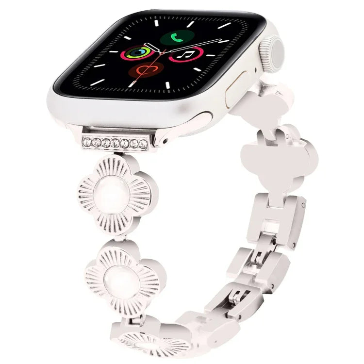 สายรัดนาฬิกาโลหะแบบปลดเร็วลายใบโคลเวอร์สี่แฉก สำหรับ Apple Watch SE 2022 44mm, สำหรับ Apple Watch Series 7 41mm, สำหรับ Apple Watch Series 7 45mm, สำหรับ Apple Watch Series 6 40mm, สำหรับ Apple Watch Series 6 44mm, สำหรับ Apple Watch Series 5 44mm