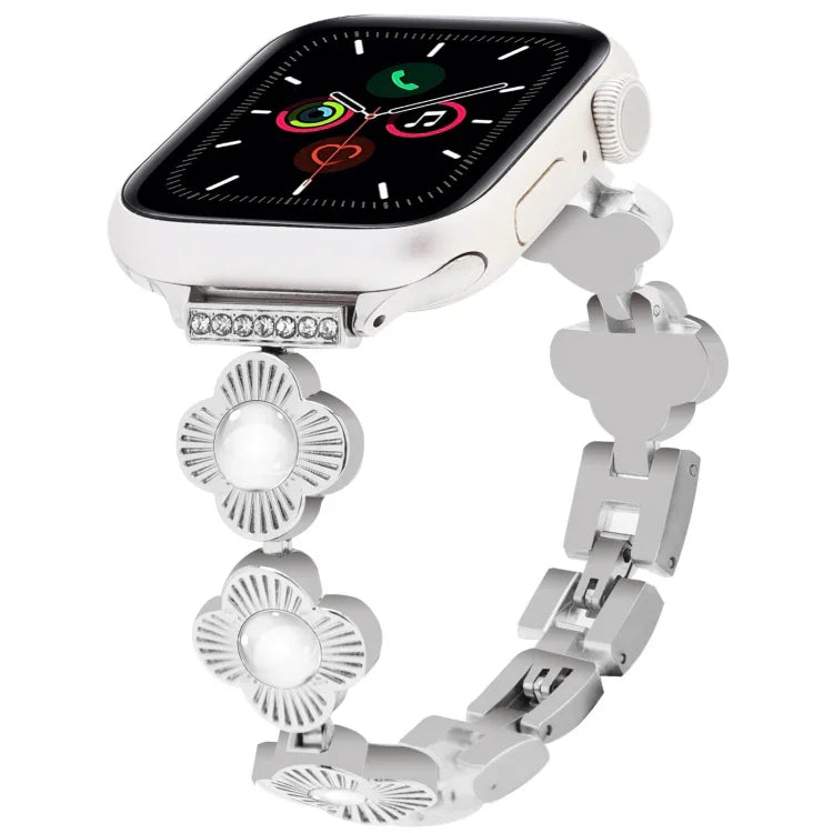 สายรัดนาฬิกาโลหะแบบปลดเร็วลายใบโคลเวอร์สี่แฉก สำหรับ Apple Watch SE 2022 44mm, สำหรับ Apple Watch Series 7 41mm, สำหรับ Apple Watch Series 7 45mm, สำหรับ Apple Watch Series 6 40mm, สำหรับ Apple Watch Series 6 44mm, สำหรับ Apple Watch Series 5 44mm