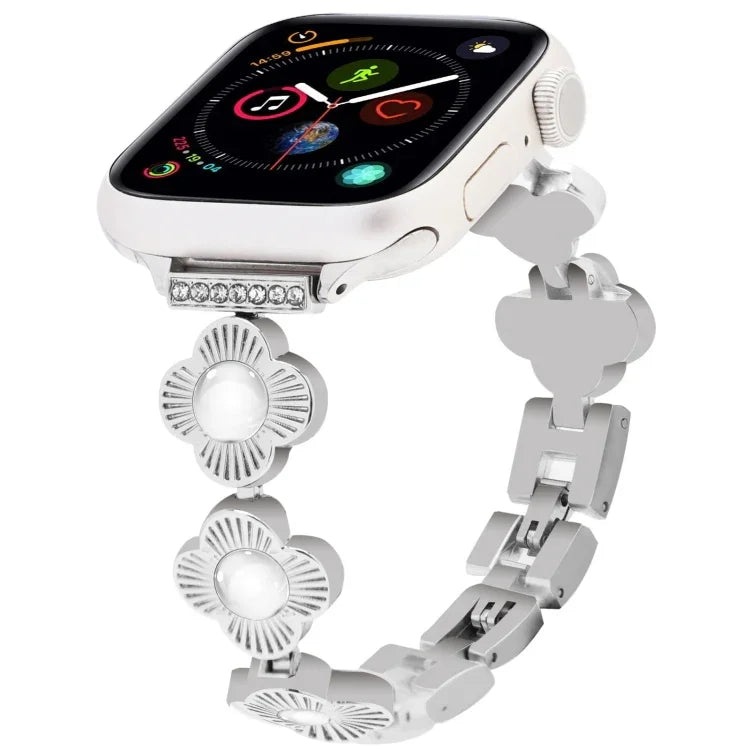 สายรัดนาฬิกาโลหะแบบปลดเร็วลายใบโคลเวอร์สี่แฉก สำหรับ Apple Watch SE 2022 44mm, สำหรับ Apple Watch Series 7 41mm, สำหรับ Apple Watch Series 7 45mm, สำหรับ Apple Watch Series 6 40mm, สำหรับ Apple Watch Series 6 44mm, สำหรับ Apple Watch Series 5 44mm