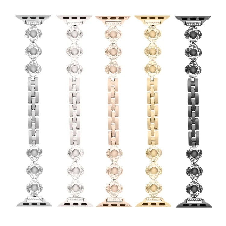 สายรัดนาฬิกาโลหะแบบปลดเร็วลายใบโคลเวอร์สี่แฉก สำหรับ Apple Watch SE 2022 44mm, สำหรับ Apple Watch Series 7 41mm, สำหรับ Apple Watch Series 7 45mm, สำหรับ Apple Watch Series 6 40mm, สำหรับ Apple Watch Series 6 44mm, สำหรับ Apple Watch Series 5 44mm