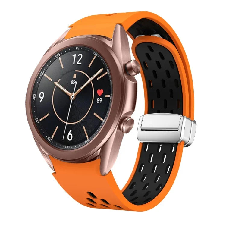 สายรัดนาฬิกาซิลิโคนพับหัวเข็มขัดแม่เหล็กสีเงินสองสี สำหรับ Samsung Galaxy Watch 3 41 มม., สำหรับ Samsung Galaxy Watch Active, สำหรับ Samsung Galaxy Watch 42 มม., สำหรับ Samsung Gear S2 Classic