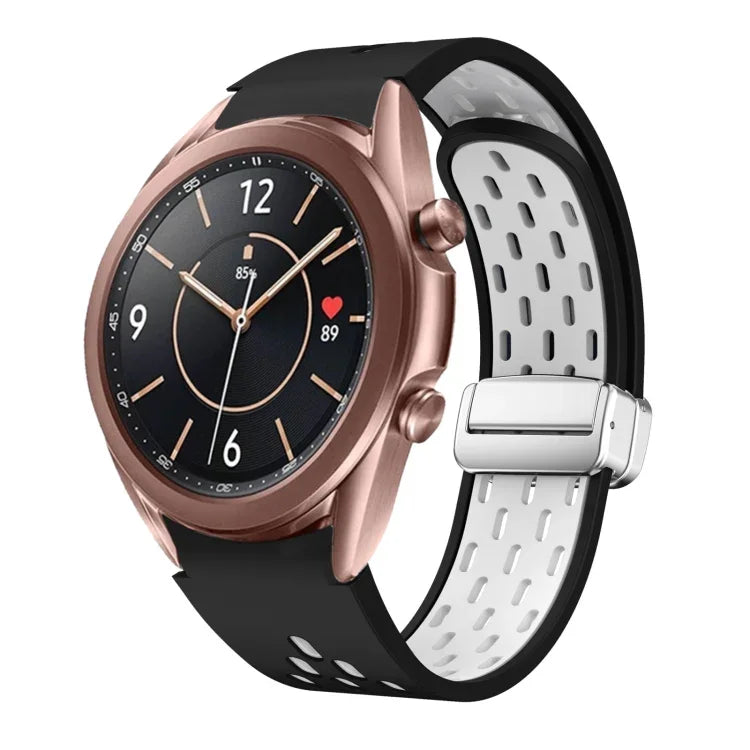 สายรัดนาฬิกาซิลิโคนพับหัวเข็มขัดแม่เหล็กสีเงินสองสี สำหรับ Samsung Galaxy Watch 3 41 มม., สำหรับ Samsung Galaxy Watch Active, สำหรับ Samsung Galaxy Watch 42 มม., สำหรับ Samsung Gear S2 Classic