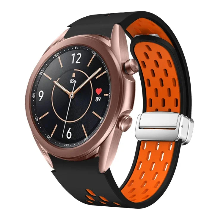 สายรัดนาฬิกาซิลิโคนพับหัวเข็มขัดแม่เหล็กสีเงินสองสี สำหรับ Samsung Galaxy Watch 3 41 มม., สำหรับ Samsung Galaxy Watch Active, สำหรับ Samsung Galaxy Watch 42 มม., สำหรับ Samsung Gear S2 Classic