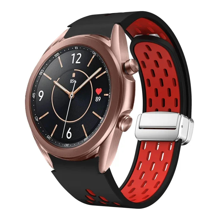 สายรัดนาฬิกาซิลิโคนพับหัวเข็มขัดแม่เหล็กสีเงินสองสี สำหรับ Samsung Galaxy Watch 3 41 มม., สำหรับ Samsung Galaxy Watch Active, สำหรับ Samsung Galaxy Watch 42 มม., สำหรับ Samsung Gear S2 Classic