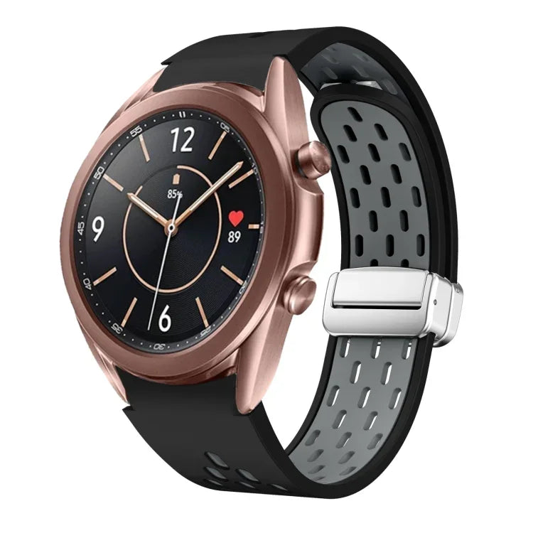 สายรัดนาฬิกาซิลิโคนพับหัวเข็มขัดแม่เหล็กสีเงินสองสี สำหรับ Samsung Galaxy Watch 3 41 มม., สำหรับ Samsung Galaxy Watch Active, สำหรับ Samsung Galaxy Watch 42 มม., สำหรับ Samsung Gear S2 Classic