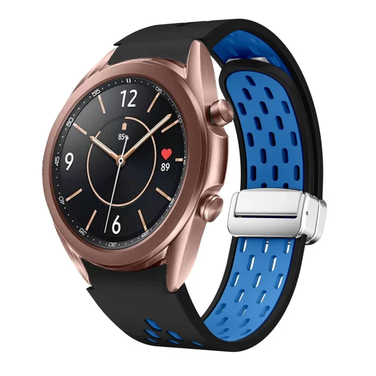 สายรัดนาฬิกาซิลิโคนพับหัวเข็มขัดแม่เหล็กสีเงินสองสี สำหรับ Samsung Galaxy Watch 3 41 มม., สำหรับ Samsung Galaxy Watch Active, สำหรับ Samsung Galaxy Watch 42 มม., สำหรับ Samsung Gear S2 Classic