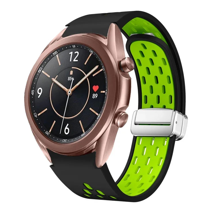 สายรัดนาฬิกาซิลิโคนพับหัวเข็มขัดแม่เหล็กสีเงินสองสี สำหรับ Samsung Galaxy Watch 3 41 มม., สำหรับ Samsung Galaxy Watch Active, สำหรับ Samsung Galaxy Watch 42 มม., สำหรับ Samsung Gear S2 Classic