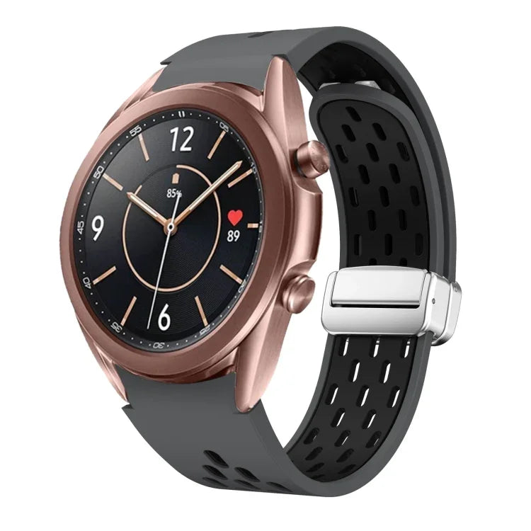สายรัดนาฬิกาซิลิโคนพับหัวเข็มขัดแม่เหล็กสีเงินสองสี สำหรับ Samsung Galaxy Watch 3 41 มม., สำหรับ Samsung Galaxy Watch Active, สำหรับ Samsung Galaxy Watch 42 มม., สำหรับ Samsung Gear S2 Classic