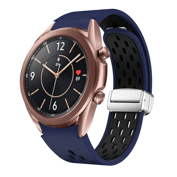 สายรัดนาฬิกาซิลิโคนพับหัวเข็มขัดแม่เหล็กสีเงินสองสี สำหรับ Samsung Galaxy Watch 3 41 มม., สำหรับ Samsung Galaxy Watch Active, สำหรับ Samsung Galaxy Watch 42 มม., สำหรับ Samsung Gear S2 Classic