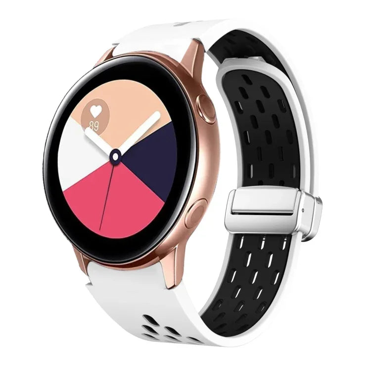 สายรัดนาฬิกาซิลิโคนพับหัวเข็มขัดแม่เหล็กสีเงินสองสี สำหรับ Samsung Galaxy Watch 3 41 มม., สำหรับ Samsung Galaxy Watch Active, สำหรับ Samsung Galaxy Watch 42 มม., สำหรับ Samsung Gear S2 Classic