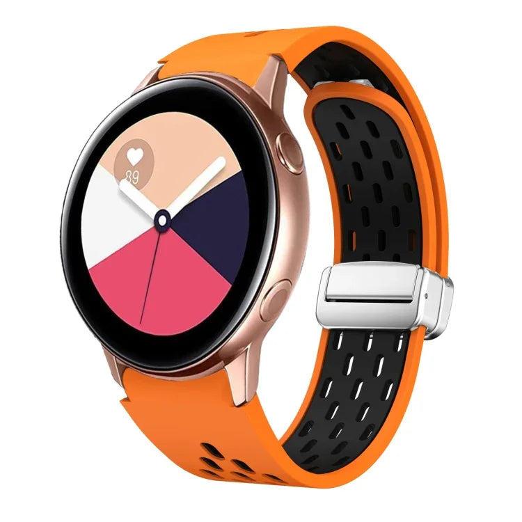สายรัดนาฬิกาซิลิโคนพับหัวเข็มขัดแม่เหล็กสีเงินสองสี สำหรับ Samsung Galaxy Watch 3 41 มม., สำหรับ Samsung Galaxy Watch Active, สำหรับ Samsung Galaxy Watch 42 มม., สำหรับ Samsung Gear S2 Classic