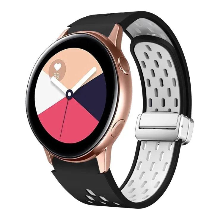 สายรัดนาฬิกาซิลิโคนพับหัวเข็มขัดแม่เหล็กสีเงินสองสี สำหรับ Samsung Galaxy Watch 3 41 มม., สำหรับ Samsung Galaxy Watch Active, สำหรับ Samsung Galaxy Watch 42 มม., สำหรับ Samsung Gear S2 Classic