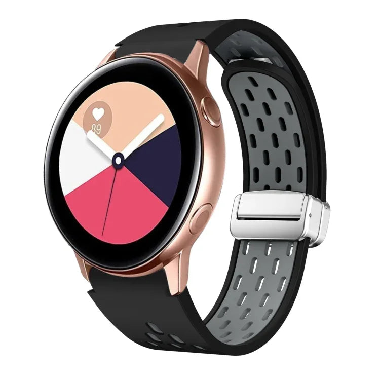 สายรัดนาฬิกาซิลิโคนพับหัวเข็มขัดแม่เหล็กสีเงินสองสี สำหรับ Samsung Galaxy Watch 3 41 มม., สำหรับ Samsung Galaxy Watch Active, สำหรับ Samsung Galaxy Watch 42 มม., สำหรับ Samsung Gear S2 Classic