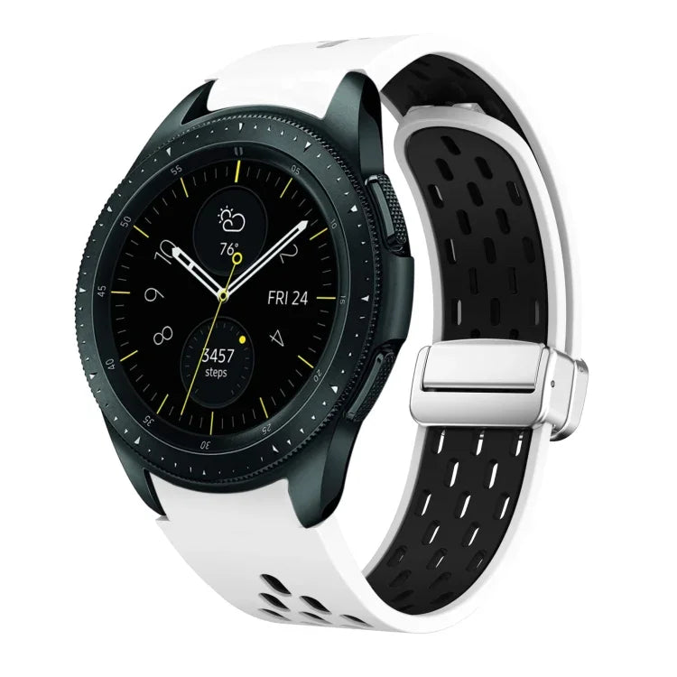 สายรัดนาฬิกาซิลิโคนพับหัวเข็มขัดแม่เหล็กสีเงินสองสี สำหรับ Samsung Galaxy Watch 3 41 มม., สำหรับ Samsung Galaxy Watch Active, สำหรับ Samsung Galaxy Watch 42 มม., สำหรับ Samsung Gear S2 Classic