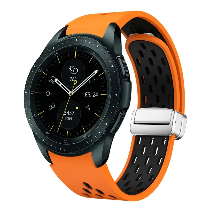 สายรัดนาฬิกาซิลิโคนพับหัวเข็มขัดแม่เหล็กสีเงินสองสี สำหรับ Samsung Galaxy Watch 3 41 มม., สำหรับ Samsung Galaxy Watch Active, สำหรับ Samsung Galaxy Watch 42 มม., สำหรับ Samsung Gear S2 Classic
