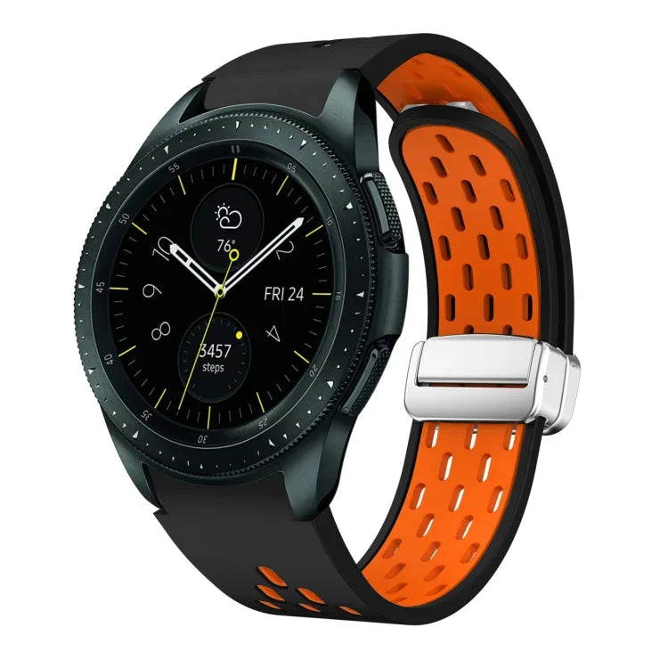 สายรัดนาฬิกาซิลิโคนพับหัวเข็มขัดแม่เหล็กสีเงินสองสี สำหรับ Samsung Galaxy Watch 3 41 มม., สำหรับ Samsung Galaxy Watch Active, สำหรับ Samsung Galaxy Watch 42 มม., สำหรับ Samsung Gear S2 Classic