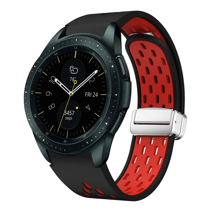 สายรัดนาฬิกาซิลิโคนพับหัวเข็มขัดแม่เหล็กสีเงินสองสี สำหรับ Samsung Galaxy Watch 3 41 มม., สำหรับ Samsung Galaxy Watch Active, สำหรับ Samsung Galaxy Watch 42 มม., สำหรับ Samsung Gear S2 Classic