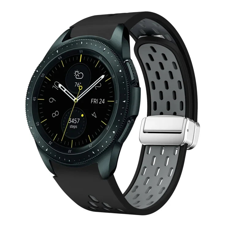สายรัดนาฬิกาซิลิโคนพับหัวเข็มขัดแม่เหล็กสีเงินสองสี สำหรับ Samsung Galaxy Watch 3 41 มม., สำหรับ Samsung Galaxy Watch Active, สำหรับ Samsung Galaxy Watch 42 มม., สำหรับ Samsung Gear S2 Classic