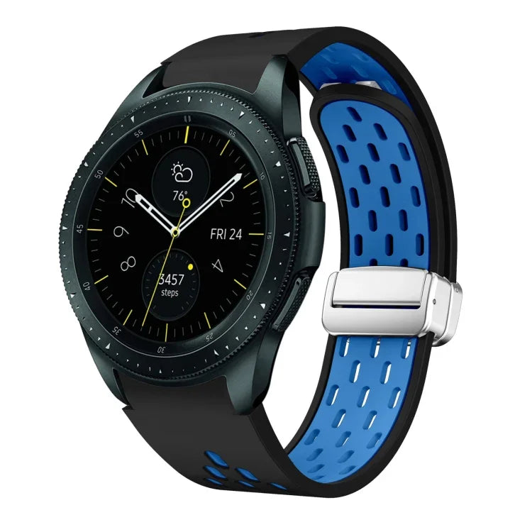 สายรัดนาฬิกาซิลิโคนพับหัวเข็มขัดแม่เหล็กสีเงินสองสี สำหรับ Samsung Galaxy Watch 3 41 มม., สำหรับ Samsung Galaxy Watch Active, สำหรับ Samsung Galaxy Watch 42 มม., สำหรับ Samsung Gear S2 Classic