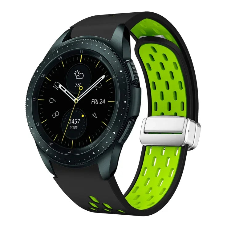 สายรัดนาฬิกาซิลิโคนพับหัวเข็มขัดแม่เหล็กสีเงินสองสี สำหรับ Samsung Galaxy Watch 3 41 มม., สำหรับ Samsung Galaxy Watch Active, สำหรับ Samsung Galaxy Watch 42 มม., สำหรับ Samsung Gear S2 Classic