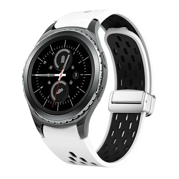 สายรัดนาฬิกาซิลิโคนพับหัวเข็มขัดแม่เหล็กสีเงินสองสี สำหรับ Samsung Galaxy Watch 3 41 มม., สำหรับ Samsung Galaxy Watch Active, สำหรับ Samsung Galaxy Watch 42 มม., สำหรับ Samsung Gear S2 Classic