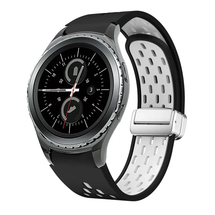 สายรัดนาฬิกาซิลิโคนพับหัวเข็มขัดแม่เหล็กสีเงินสองสี สำหรับ Samsung Galaxy Watch 3 41 มม., สำหรับ Samsung Galaxy Watch Active, สำหรับ Samsung Galaxy Watch 42 มม., สำหรับ Samsung Gear S2 Classic
