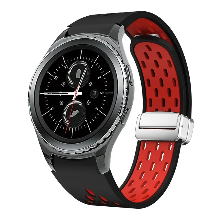 สายรัดนาฬิกาซิลิโคนพับหัวเข็มขัดแม่เหล็กสีเงินสองสี สำหรับ Samsung Galaxy Watch 3 41 มม., สำหรับ Samsung Galaxy Watch Active, สำหรับ Samsung Galaxy Watch 42 มม., สำหรับ Samsung Gear S2 Classic