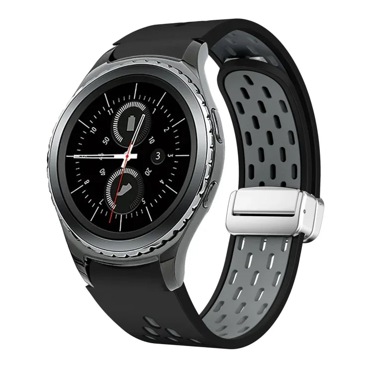 สายรัดนาฬิกาซิลิโคนพับหัวเข็มขัดแม่เหล็กสีเงินสองสี สำหรับ Samsung Galaxy Watch 3 41 มม., สำหรับ Samsung Galaxy Watch Active, สำหรับ Samsung Galaxy Watch 42 มม., สำหรับ Samsung Gear S2 Classic