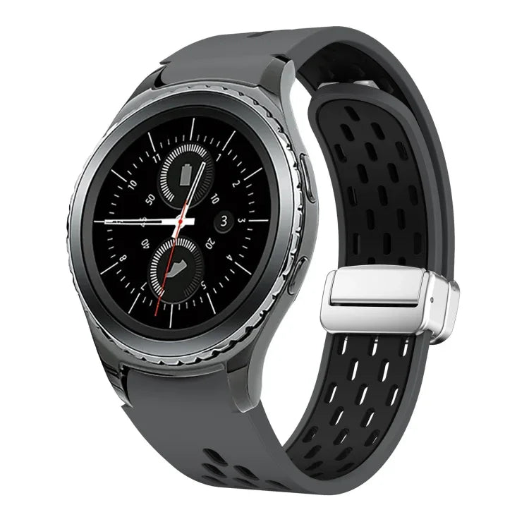 สายรัดนาฬิกาซิลิโคนพับหัวเข็มขัดแม่เหล็กสีเงินสองสี สำหรับ Samsung Galaxy Watch 3 41 มม., สำหรับ Samsung Galaxy Watch Active, สำหรับ Samsung Galaxy Watch 42 มม., สำหรับ Samsung Gear S2 Classic